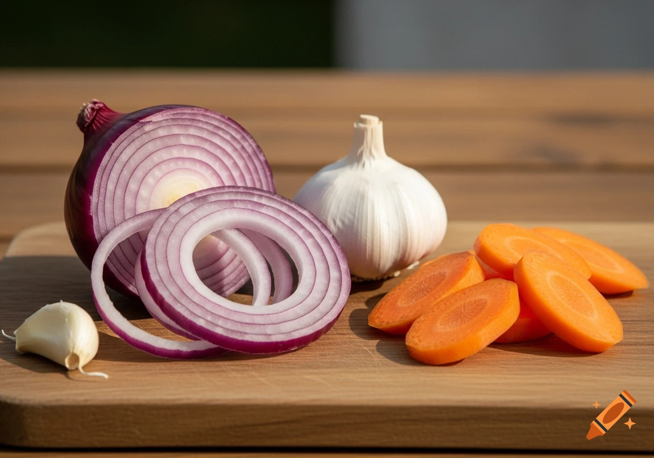 Photorealistic close-up of a red onion, sliced onion rings, garlic, and sliced carrots on a wooden cutting board.