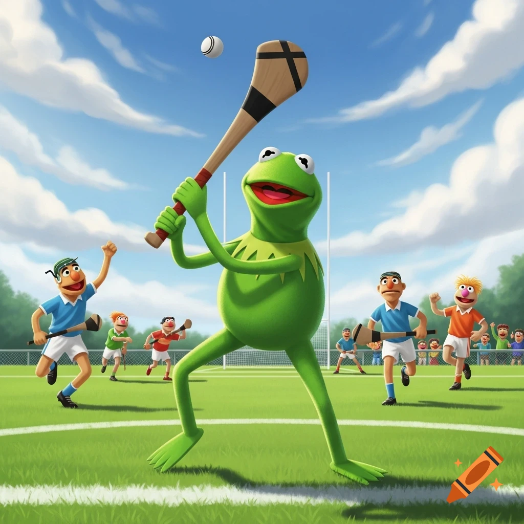 Kermit the Frog playing hurling on a green field, swinging a stick at a ball. Other Muppet characters are in the background. Vibrant cartoon style.