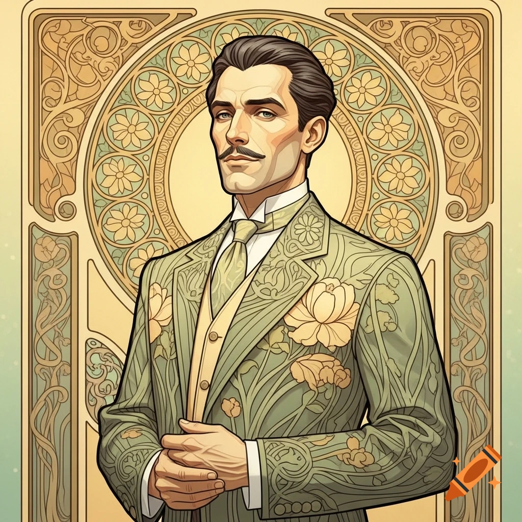 Art Nouveau illustration of a stylish man with a mustache in a floral green suit.