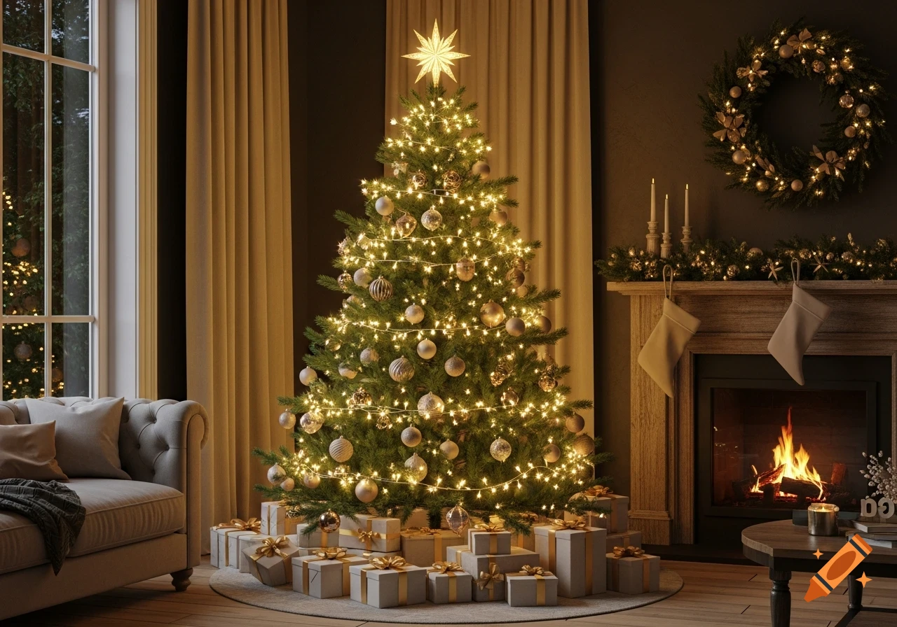 A beautifully decorated Christmas tree with golden ornaments and lights ...