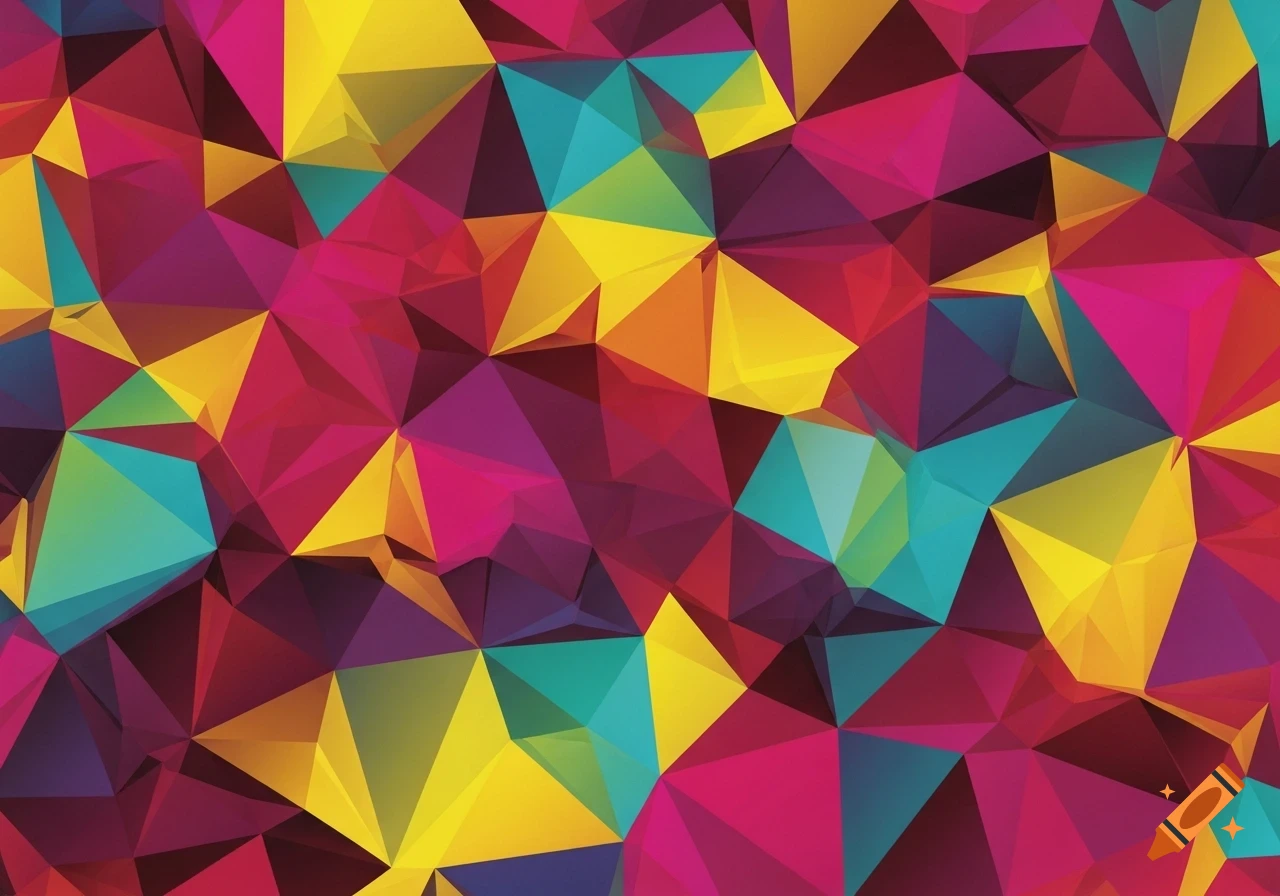 Vibrant, abstract geometric background pattern featuring interconnected triangles in shades of pink, yellow, blue, and purple.