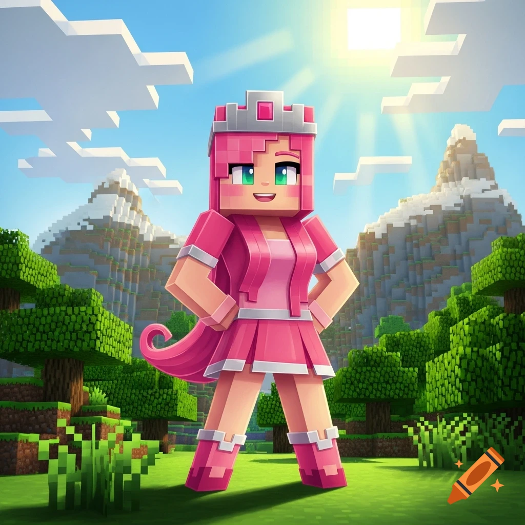 A blocky pink-haired princess character, resembling Minecraft style, stands in a vibrant green landscape with pixelated mountains and trees under a sunny sky.