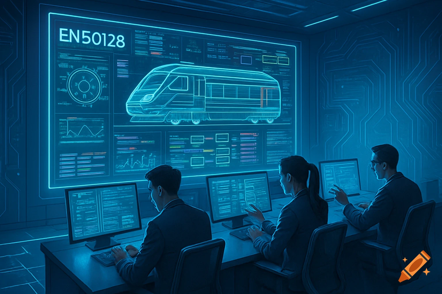 Three people in a futuristic blue control room with a large neon screen showing a train blueprint and data.