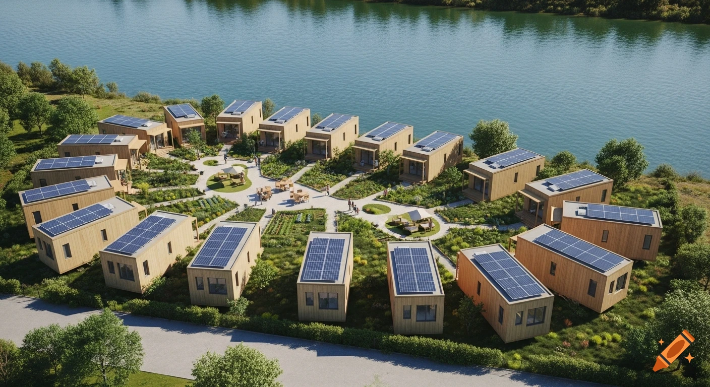 Photorealistic aerial view of an eco-community with 12 U-shaped tiny modular houses with solar panels, green gardens, and a central meeting area next to a river.