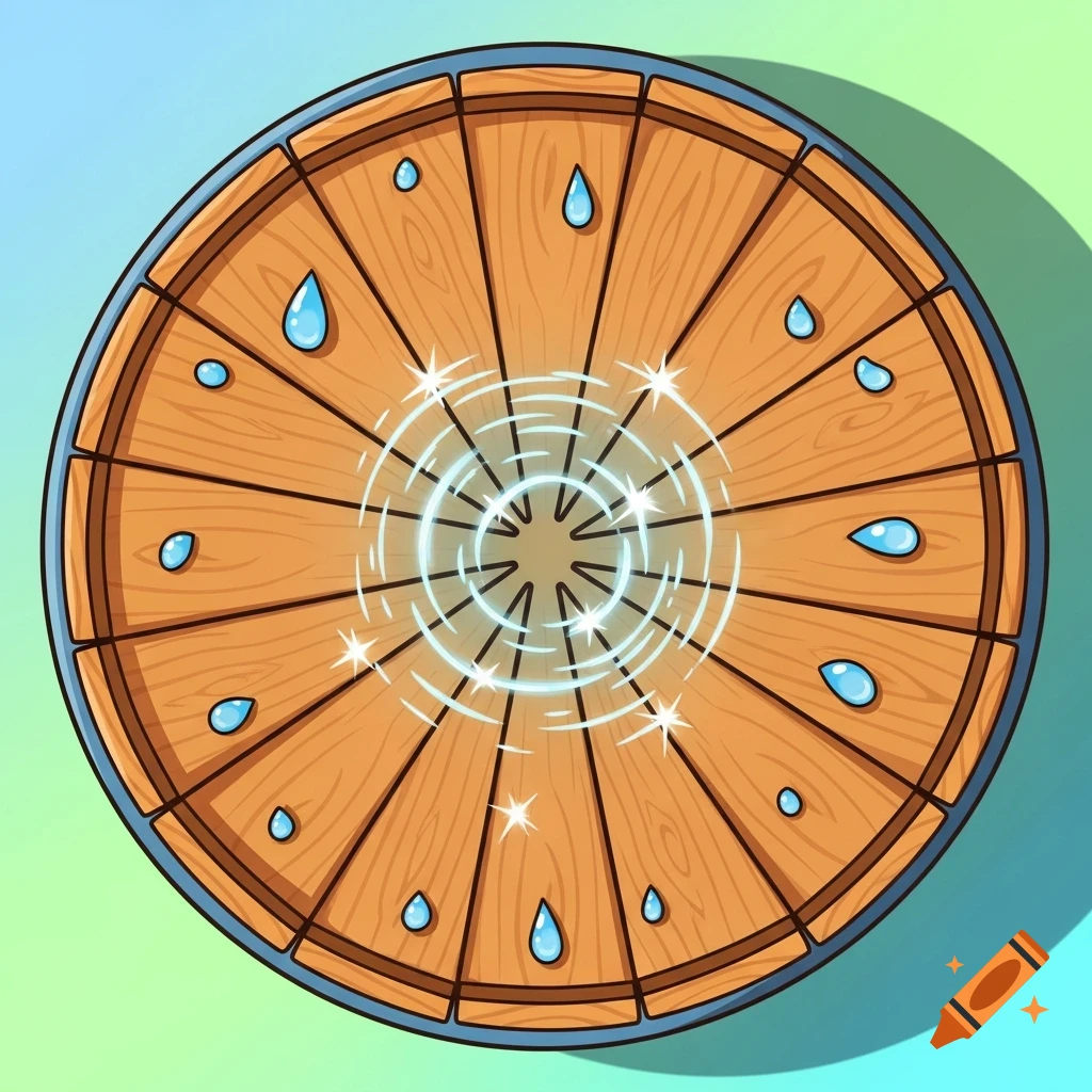 Cartoon water barrel viewed from above with blue water droplets and a sparkling splash effect in the center.
