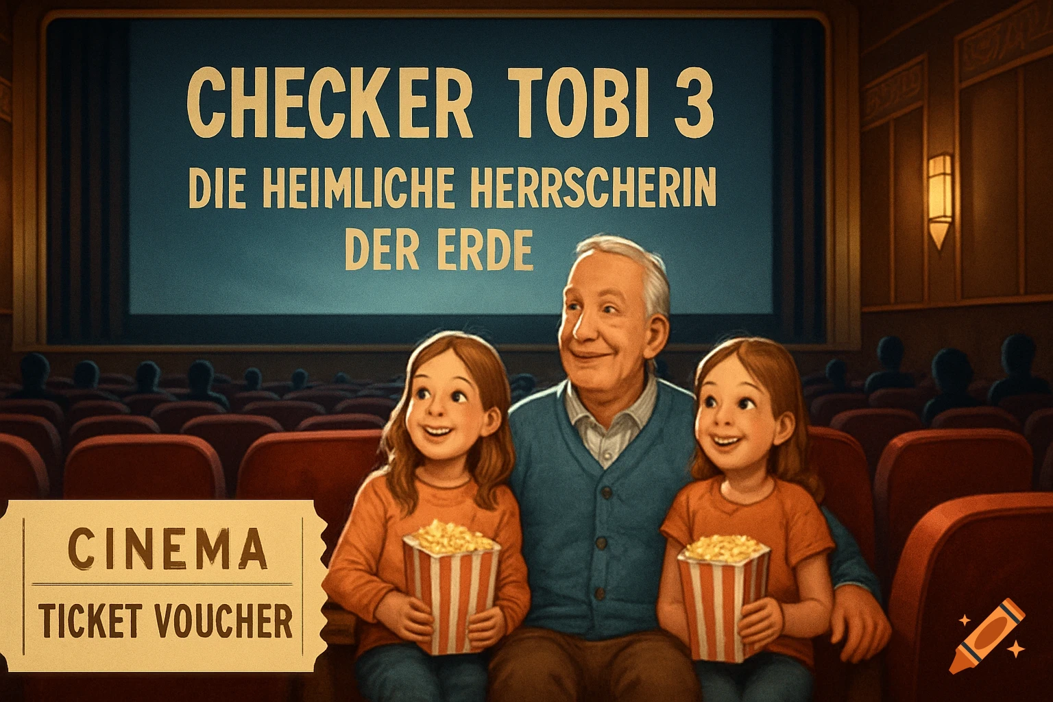 An old man and two young girls watch a movie in a cinema, eating popcorn. A large screen displays a movie title, and a ticket voucher is in the foreground.
