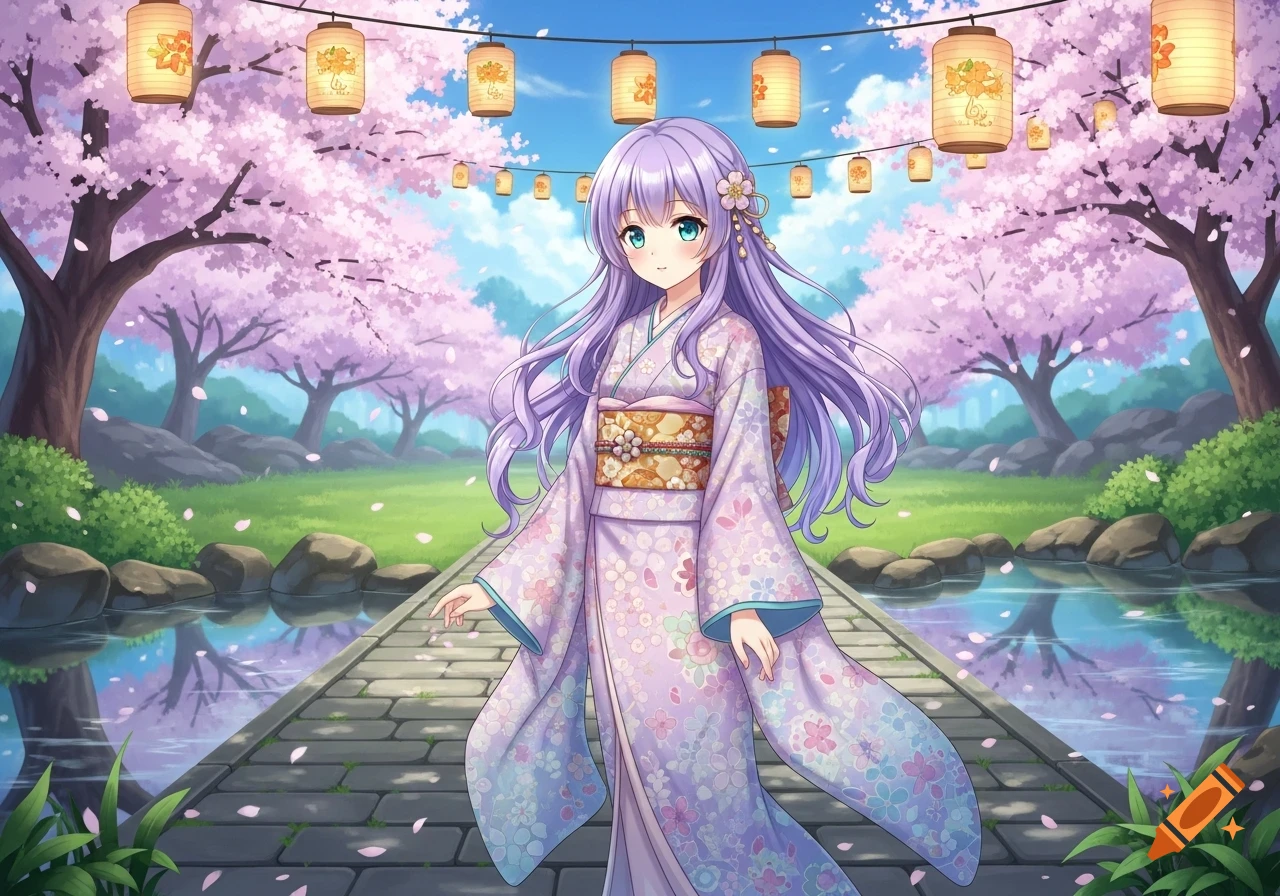 An anime girl with purple hair in a lavender kimono stands on a stone path surrounded by blooming cherry blossoms and lanterns, with reflections in water.
