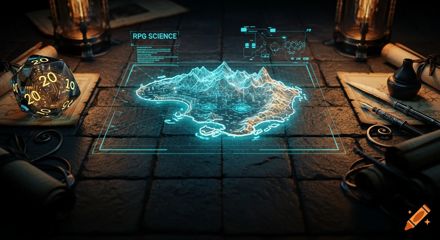 A dark stone tabletop with a glowing holographic fantasy map, a translucent d20 die with circuitry, and old scrolls with quill pens, in a tech-fantasy style.