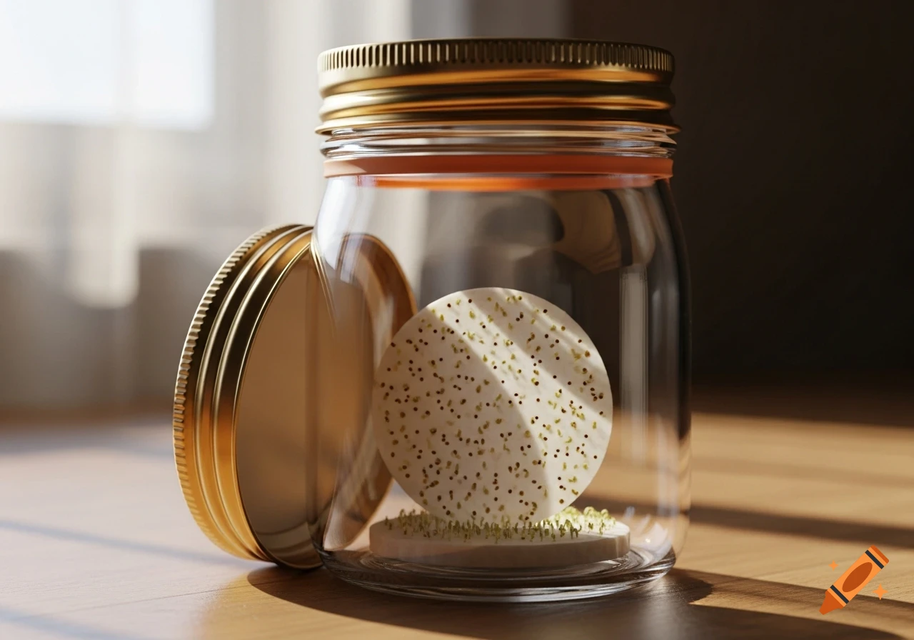A photorealistic image of an open glass jar with a gold lid, an orange rubber ring, a seed disk, and green sprouts on a sunlit wooden surface.