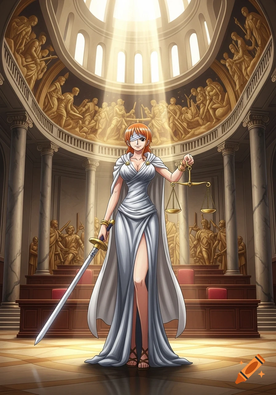 Nami from One Piece as Lady Justice, blindfolded and wearing a white toga, holding scales and a sword in a grand classical hall.