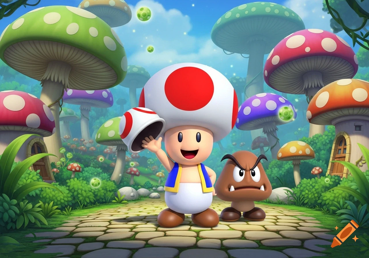 Toad from Mario and a Goomba stand on a stone path in a vibrant, whimsical mushroom forest under a blue sky.