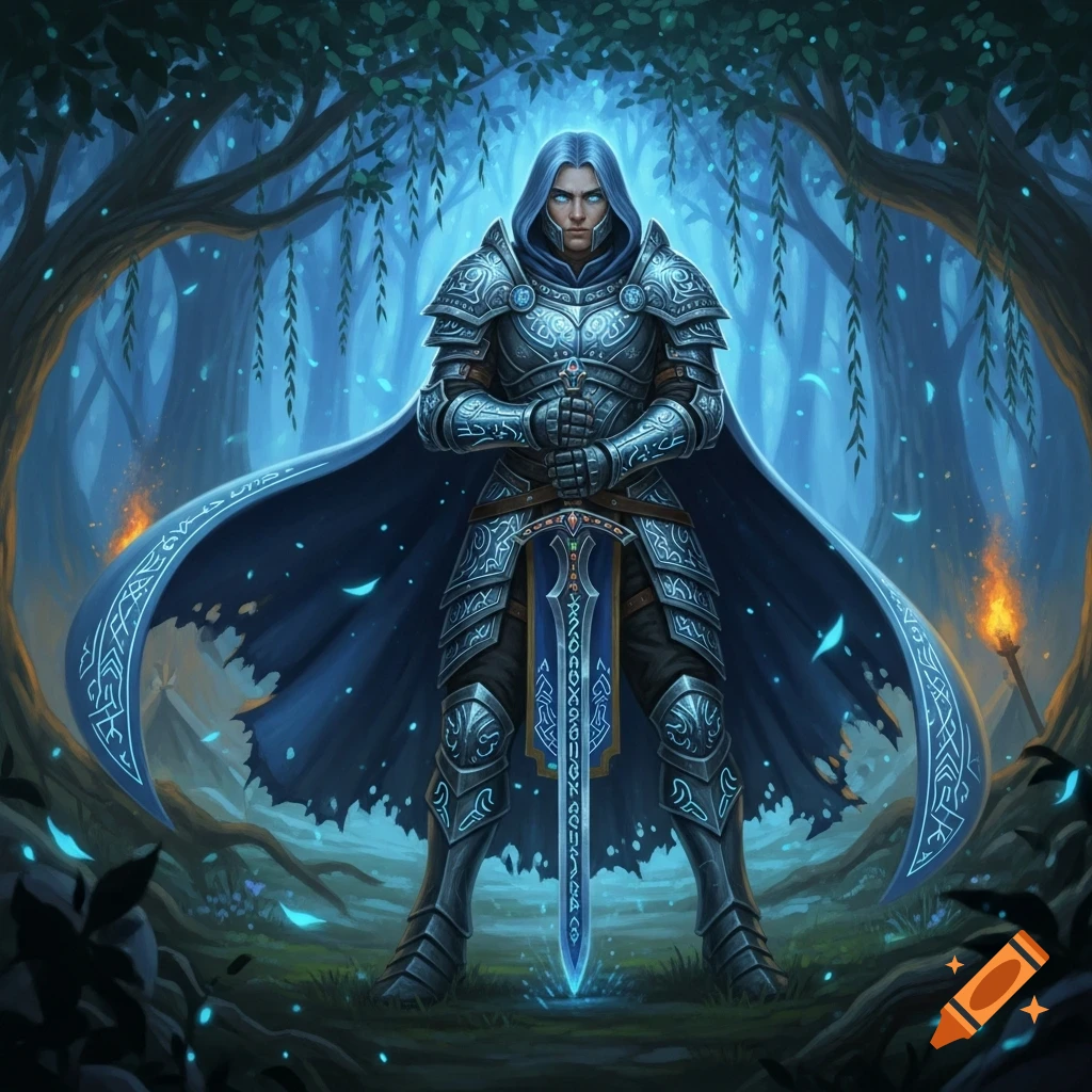 A stoic fantasy knight with glowing eyes and long blue hair, wearing ornate armor and a flowing cape, holds a sword in a magical forest.