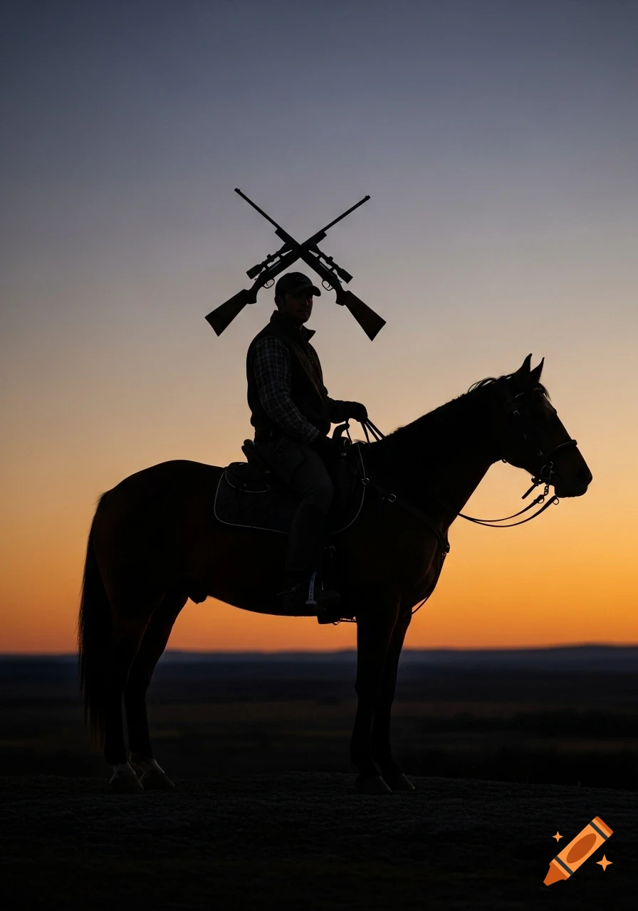 Silhouette of a hunter on horseback with two crossed rifles against a vibrant sunset sky.