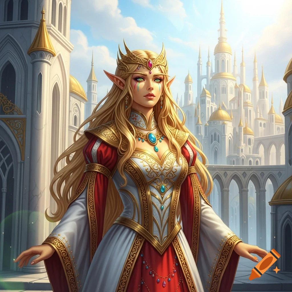 A beautiful elf queen with long golden hair, rainbow eyes, and a red ...