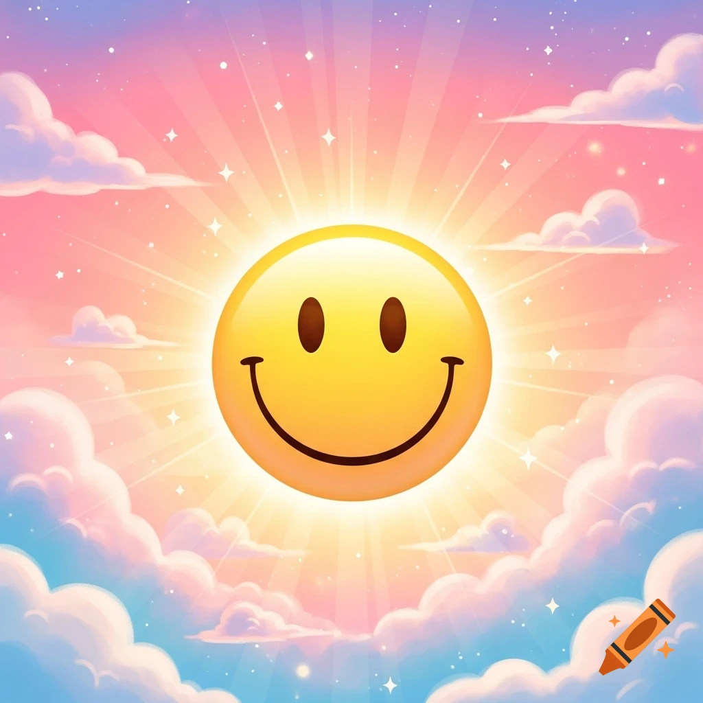 A cheerful yellow smiley face emoji glows like the sun in a vibrant, cartoonish sky with pink and blue clouds and sparkling stars.
