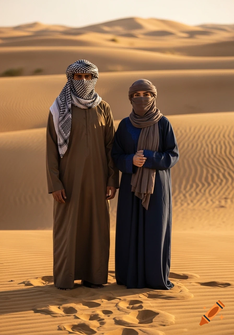 A man and a woman in traditional Bedouin clothing standing in a desert with sand dunes in the background. Photorealistic style.