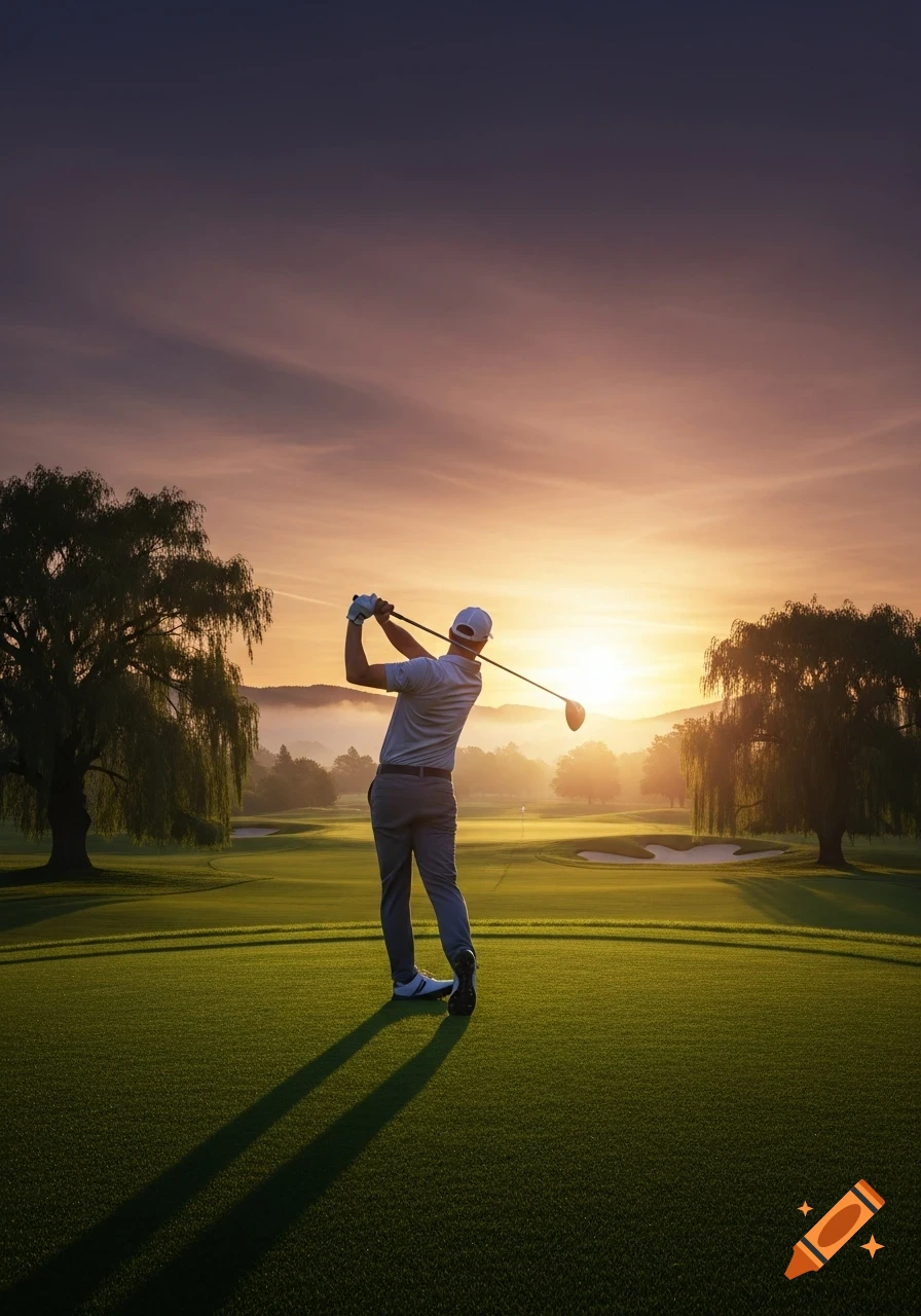 A golfer swings a club on a green course during a vibrant sunset with misty mountains in the background, photorealistic style.