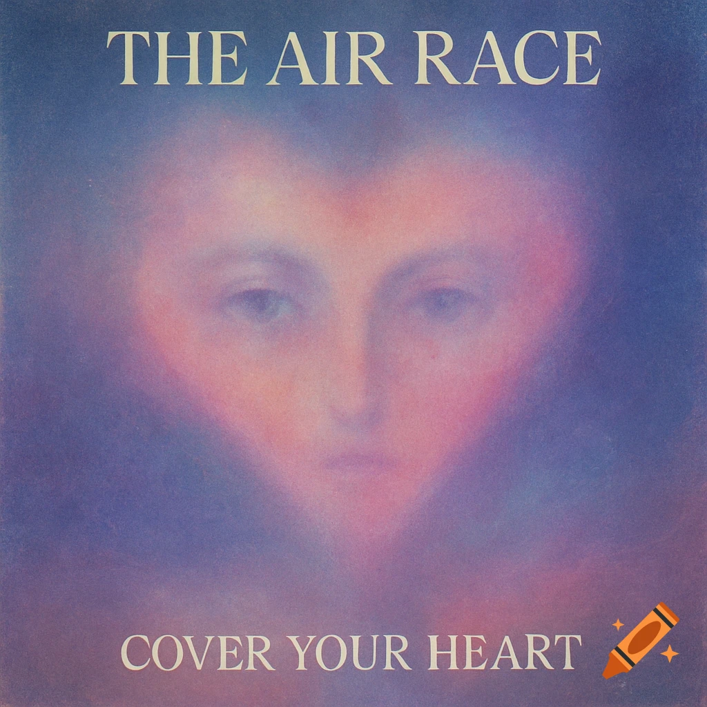 Abstract album cover featuring a hazy, heart-shaped form with a face visible within, in muted pinks, blues, and violets, with text "THE AIR RACE" and "COVER YOUR HEART".