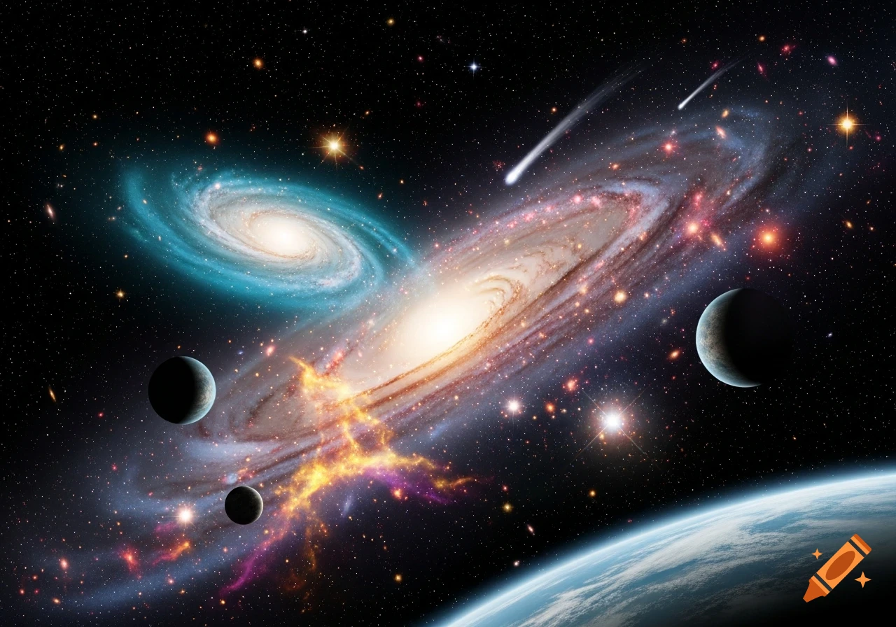 A vibrant cosmic scene featuring two spiral galaxies, multiple planets, comets, and numerous stars against a dark background.