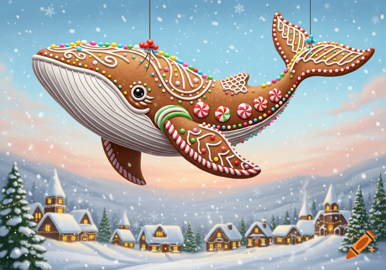 A festive gingerbread whale decorated with icing and candies, suspended over a snow-covered village under falling snowflakes.