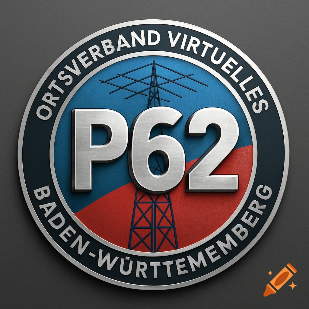 Circular logo with silver 'P62' in the center, a stylized antenna mast, and 'Ortsverband Virtuelles Baden-Württemberg' on the border.