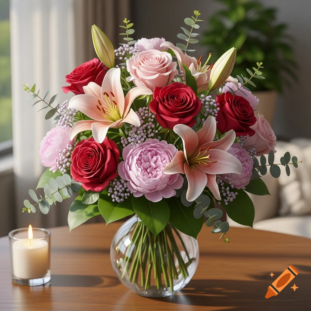 A vibrant photorealistic bouquet of red roses, pink lilies, and peonies in a glass vase on a wooden table next to a lit candle.