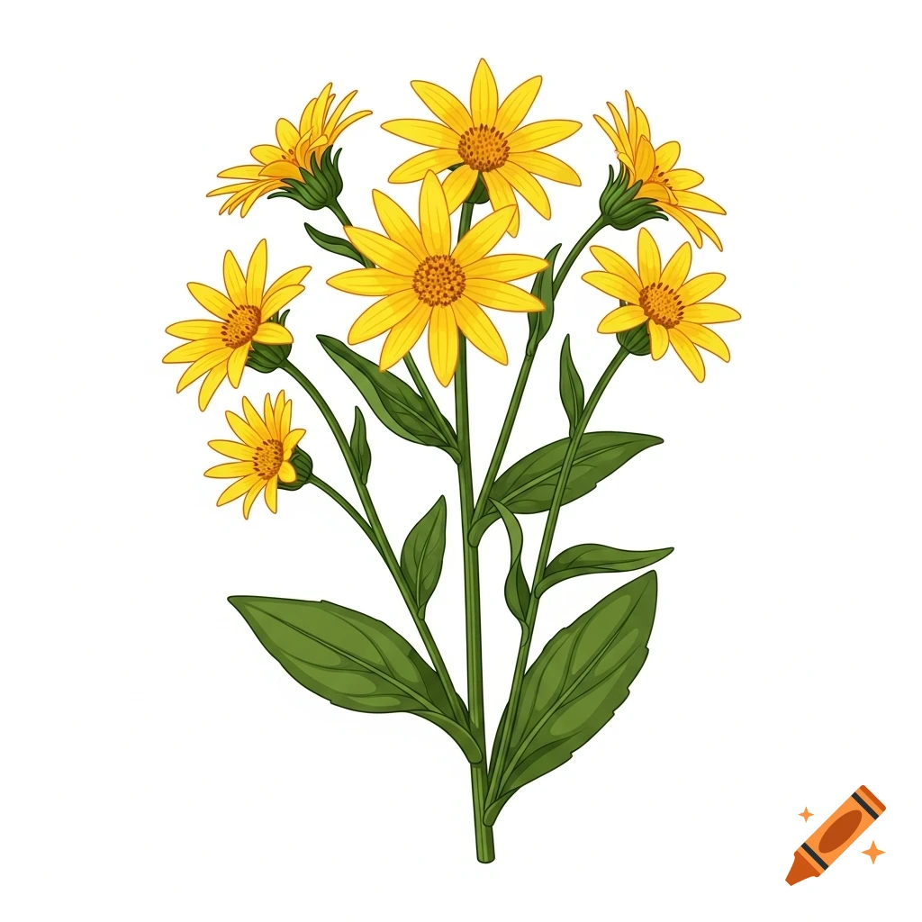 An illustration of Arnica montana with several yellow flowers and green leaves on a white background.
