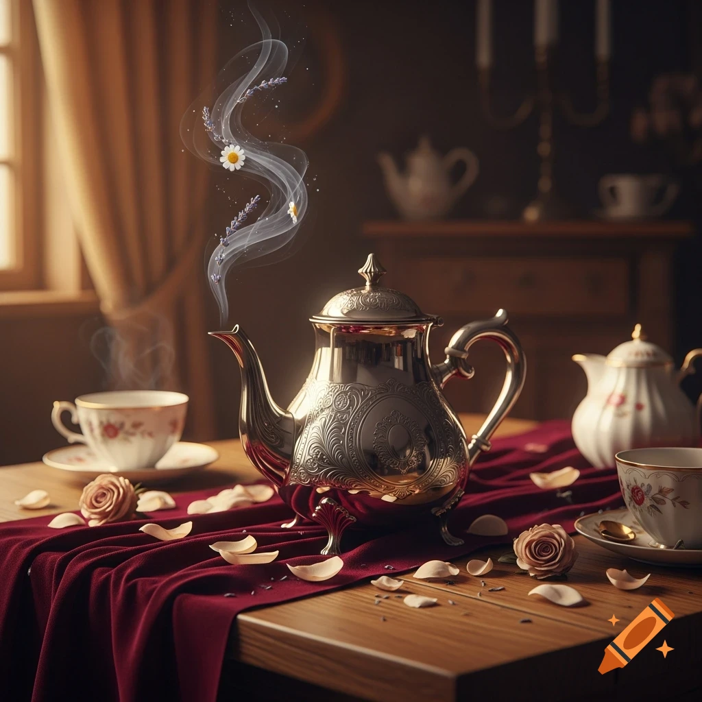 An ornate silver teapot on a wooden table with a red cloth, surrounded by teacups, rose petals, and steam with lavender and daisies.