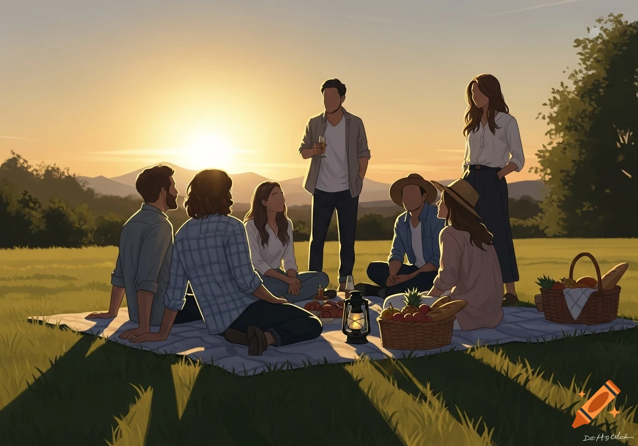 A stylized illustration of a group of faceless friends enjoying a picnic on a blanket in a grassy field at sunset, with mountains in the background.