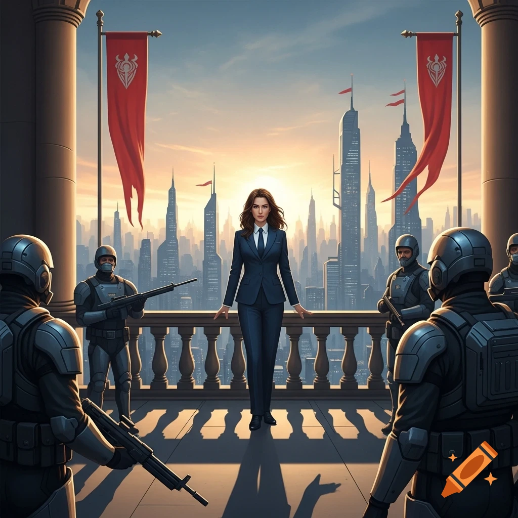 A woman in a dark suit stands on a balcony, guarded by armored soldiers, overlooking a futuristic city skyline at sunset.