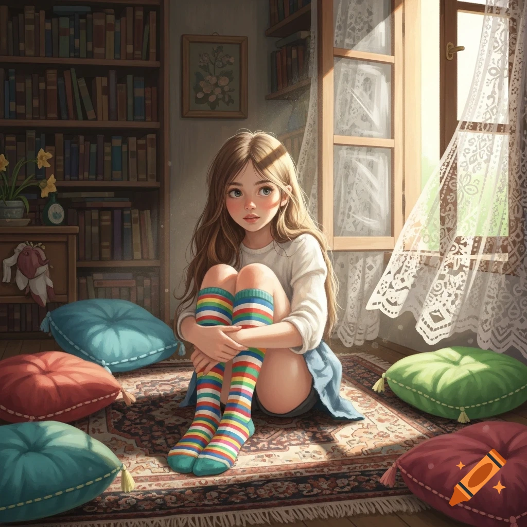 A young girl with long brown hair and rainbow-striped socks sits cross-legged on a rug among colorful pillows in a sunlit room with bookshelves and a window.