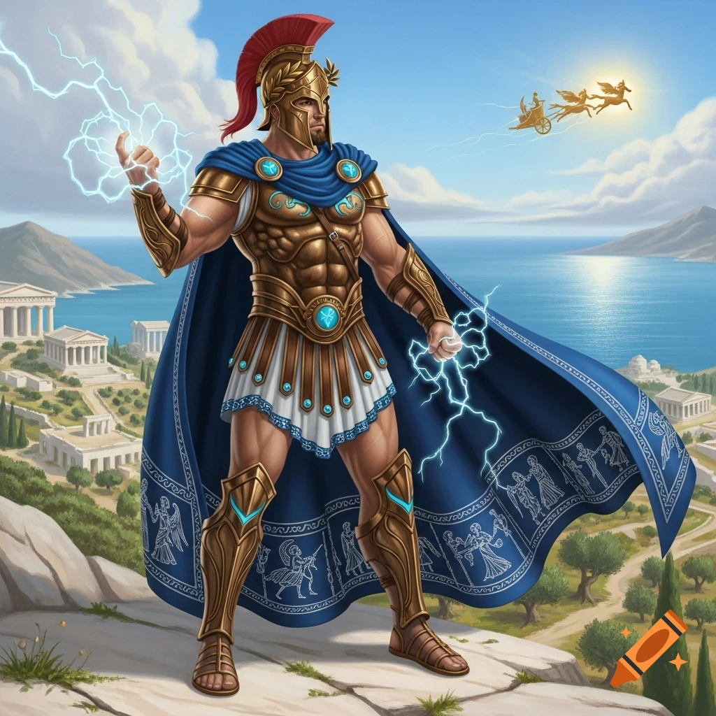 A muscular Greek warrior in golden armor and a blue cape, holding lightning, stands on a cliff above an ancient city and sea. A sun chariot flies in the sky.