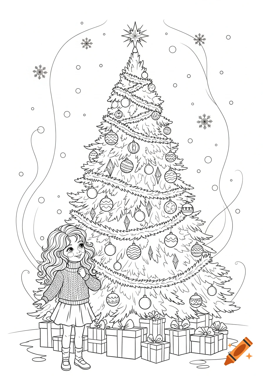 Line art coloring page of a girl in a sweater and skirt standing by a decorated Christmas tree with presents, snowflakes, and swirling lines.