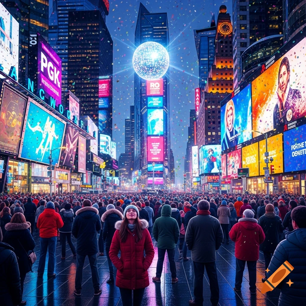 A dense crowd gathers in a vibrant Times Square at night, with a giant disco ball illuminated above skyscrapers, and confetti falling.