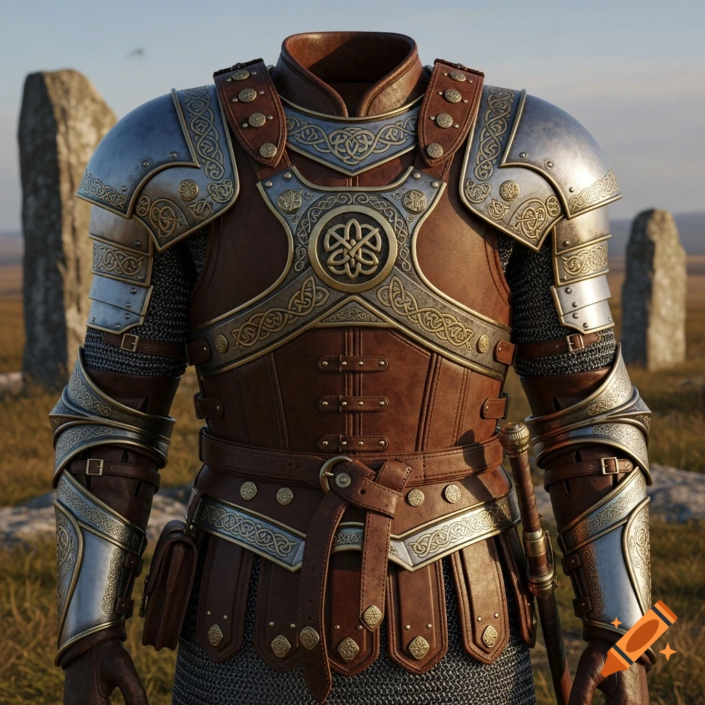 A detailed close-up of a fantasy-style medieval armor, featuring brown leather, polished steel, and ornate Celtic-Norse brass decorations, set against a blurred outdoor background with standing stones.