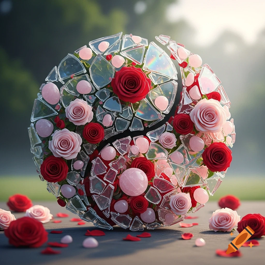A decorative yin-yang symbol made from red and pink roses, broken glass shards, and rose quartz stones, on a dark ground with scattered petals and a blurred green background.
