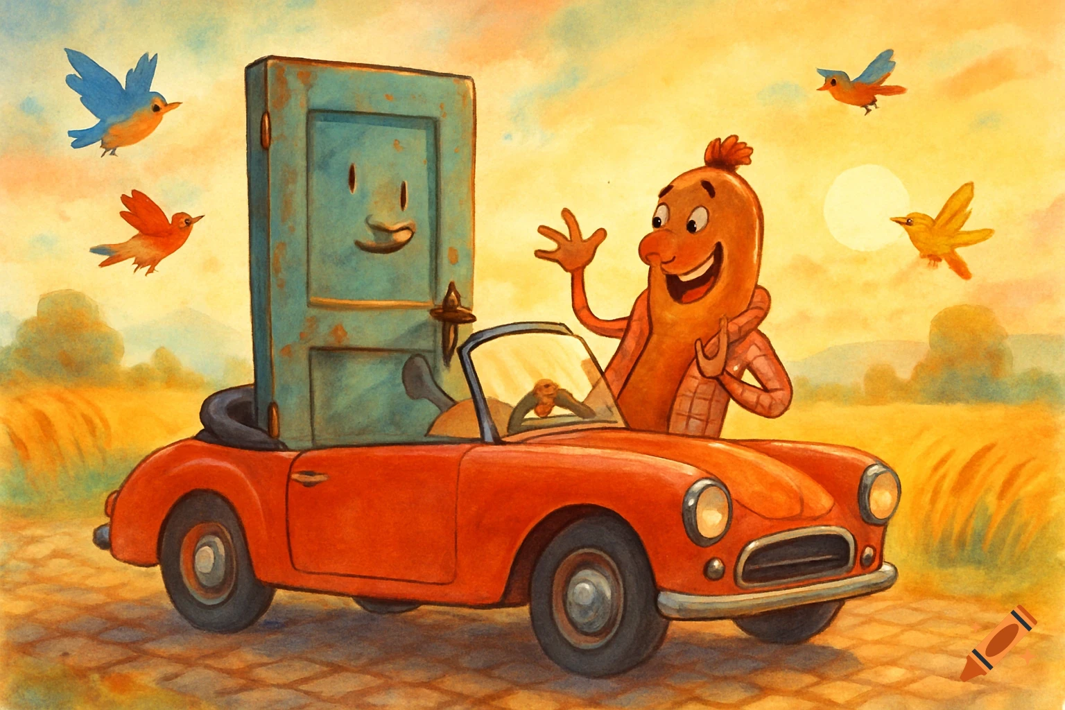 Cartoon hot dog and smiling door drive an orange convertible with flying birds in a golden sky, storybook illustration style.