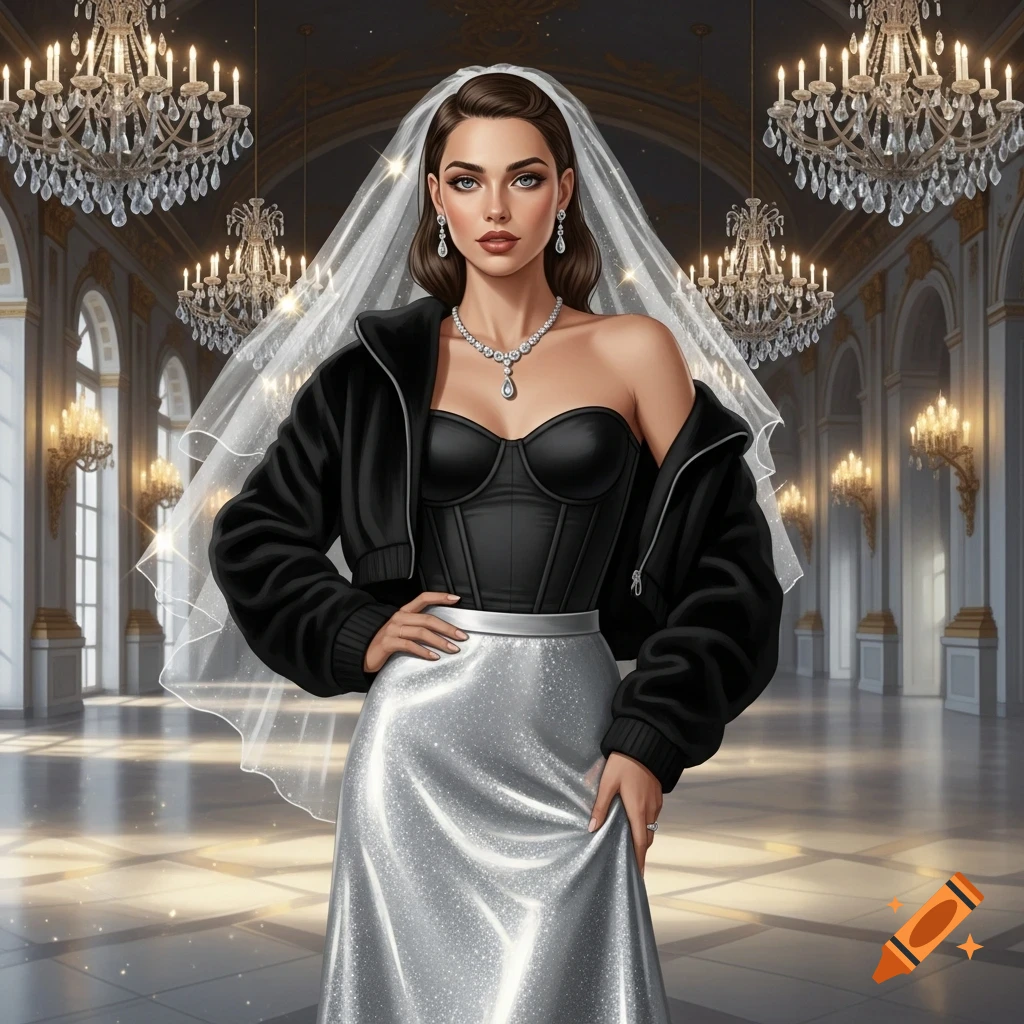 A woman wearing a white wedding veil, black corset, black bomber jacket, and a sparkling silver skirt stands in a grand ballroom with chandeliers.