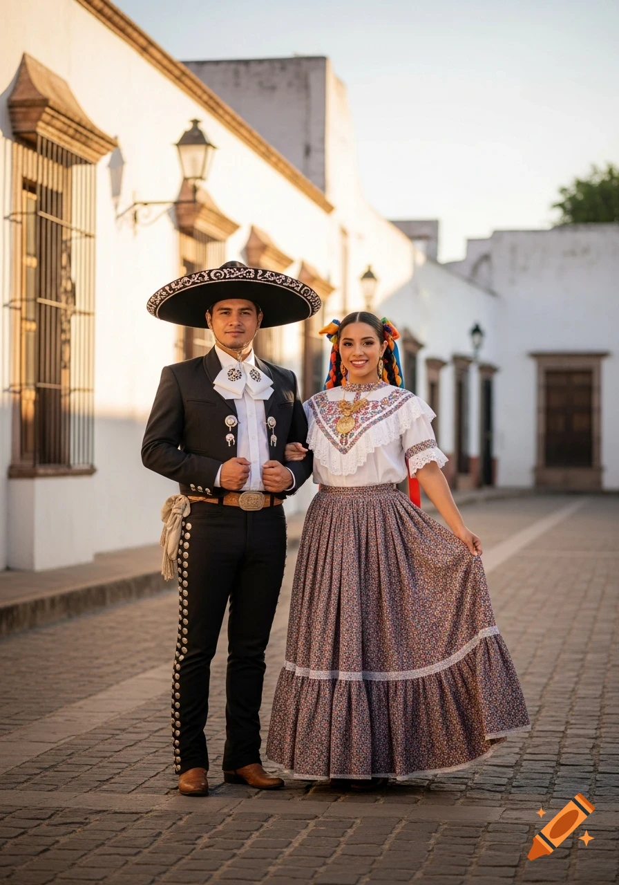 A man in a mariachi suit and a woman in a traditional embroidered dress stand on an old street.