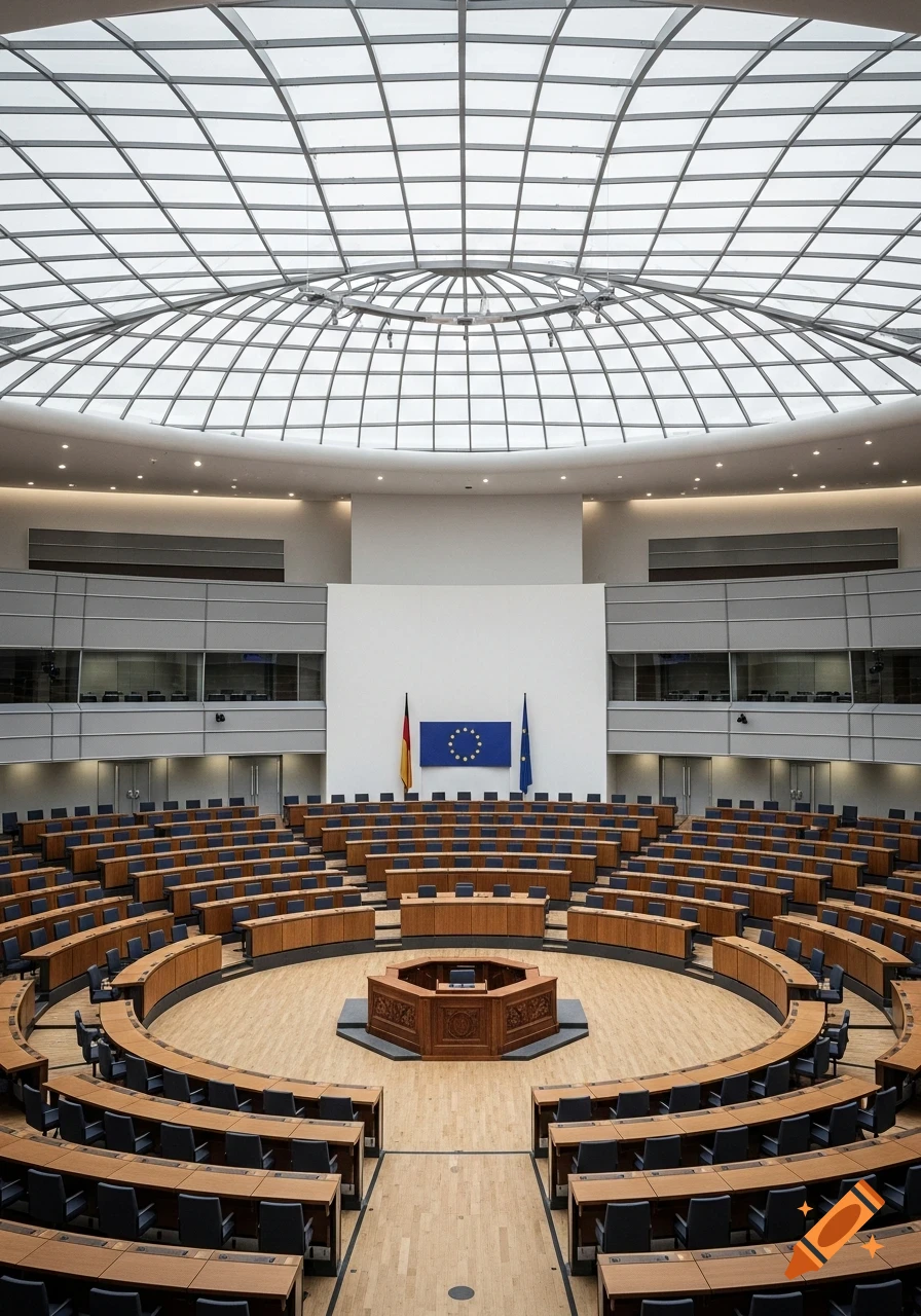 An empty, modern parliamentary plenary hall with tiered seating, a central podium, a glass dome, and German and EU flags.