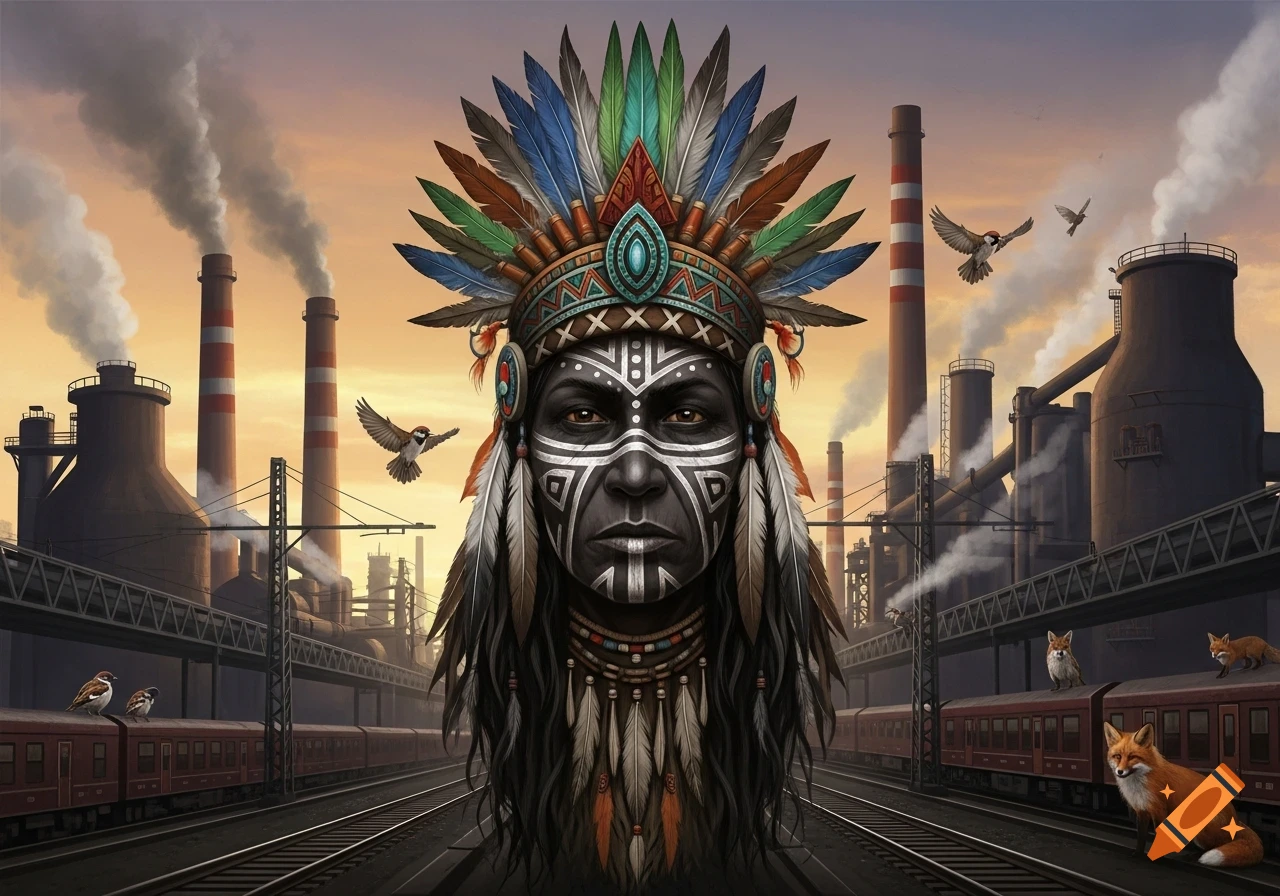A person with detailed face paint and a large feathered headdress stands on train tracks before an industrial landscape with smokestacks.