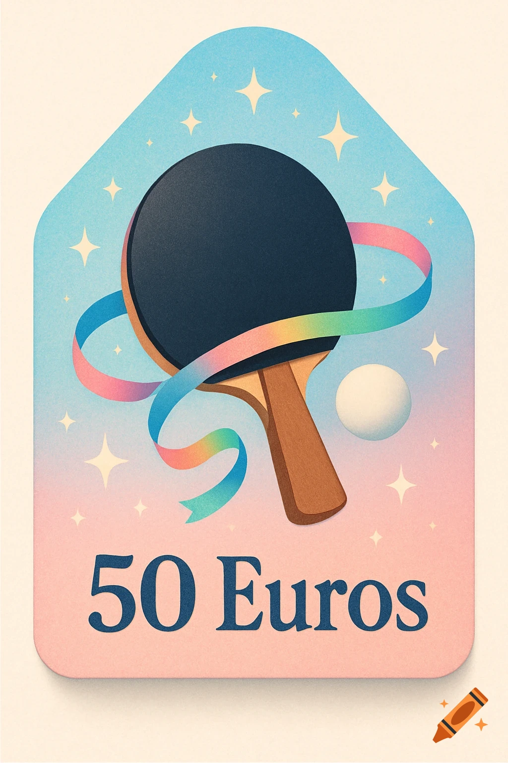 A cute, house-shaped illustration features a ping pong paddle, a ball, a rainbow ribbon, and the text '50 Euros' on a pastel background with stars.