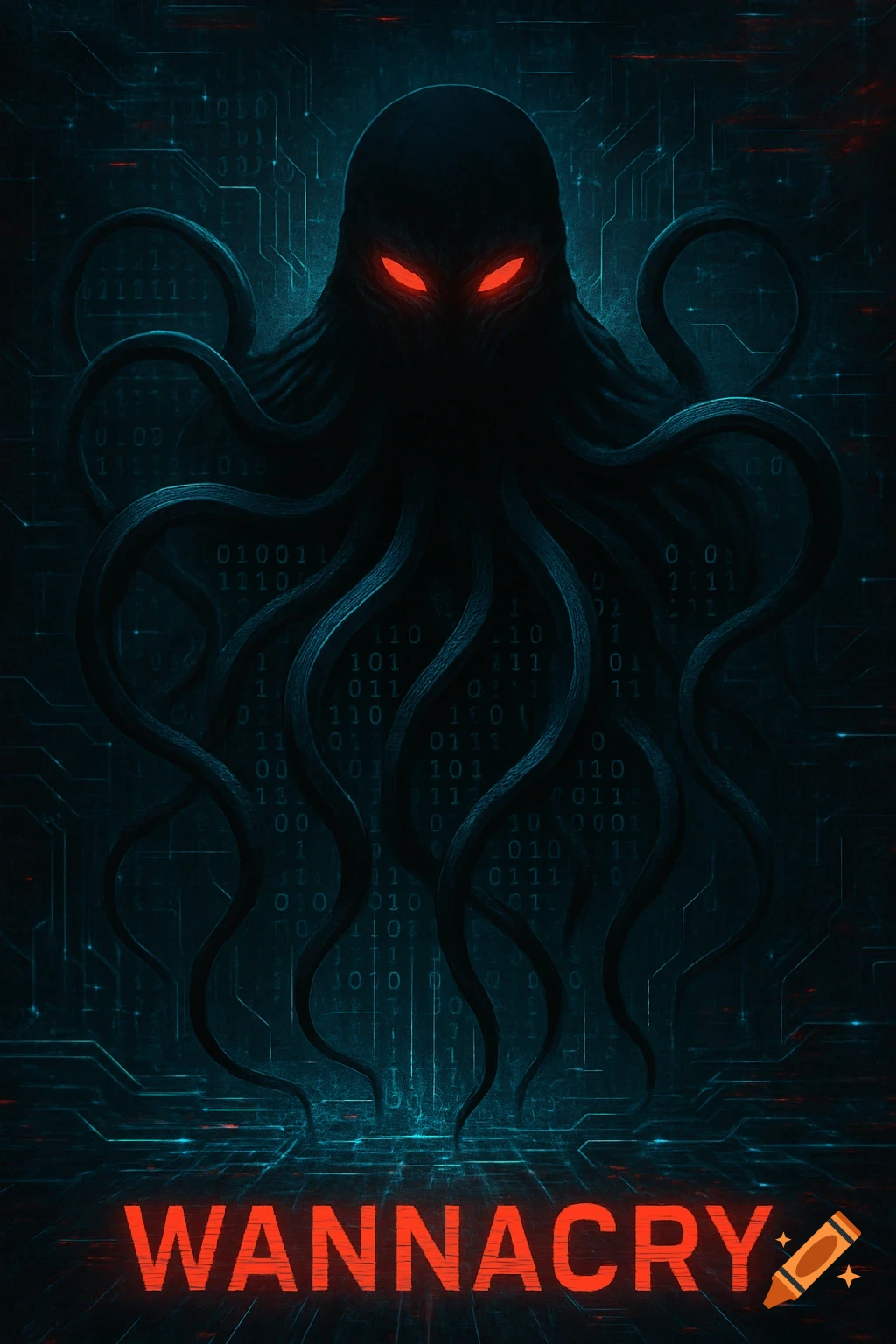 An ominous, dark octopus-like creature with red glowing eyes, surrounded by digital circuits and binary code, with 'WANNACRY' in red text.