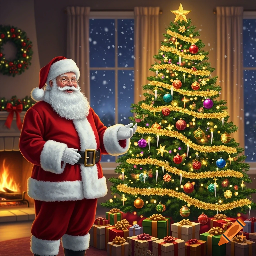 Santa Claus in a red suit stands next to a brightly decorated Christmas tree with many gifts in a cozy room with a fireplace.