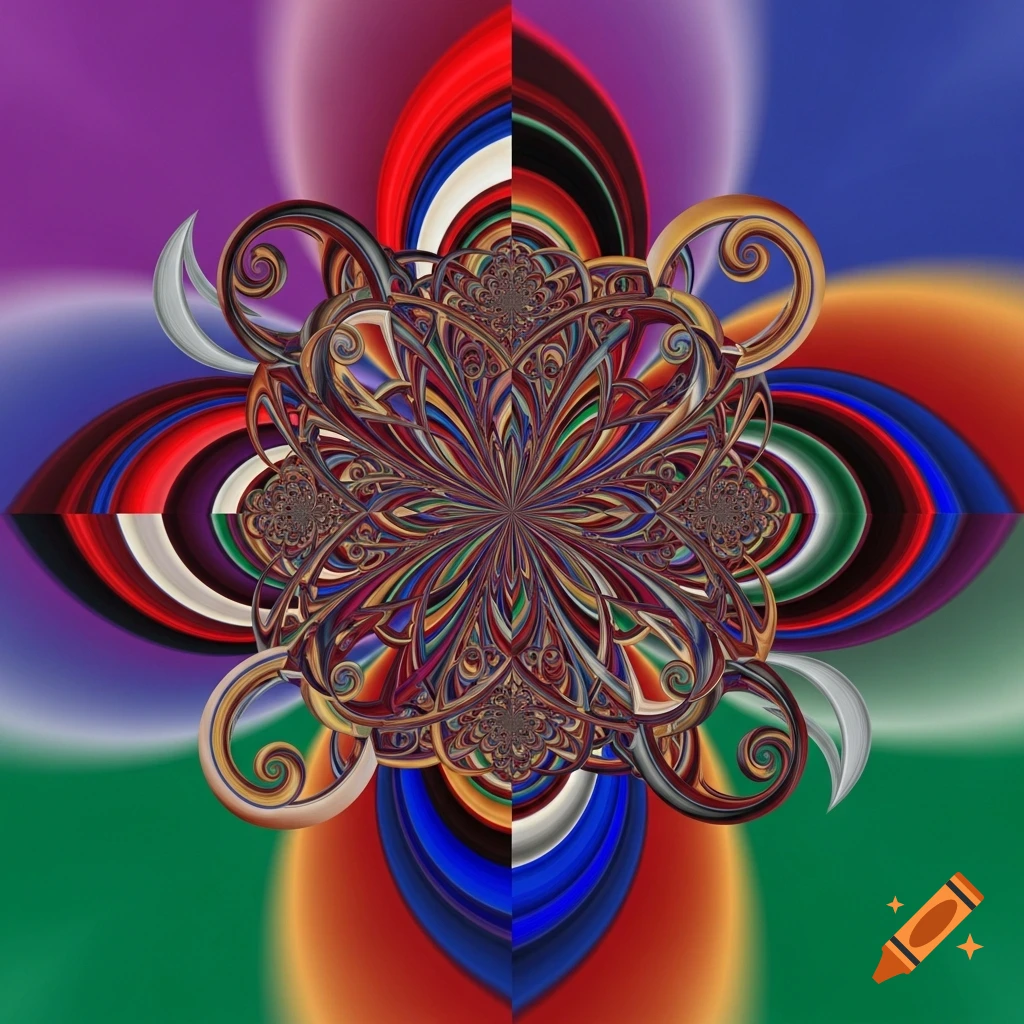 Intricate, vibrant abstract art in a mandala-like design with swirling patterns on a colorful gradient.