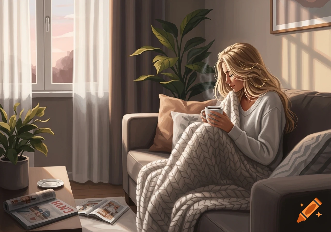 An illustration of a blonde woman wrapped in a knitted blanket on a couch, holding a steaming mug in a cozy, sunlit living room.