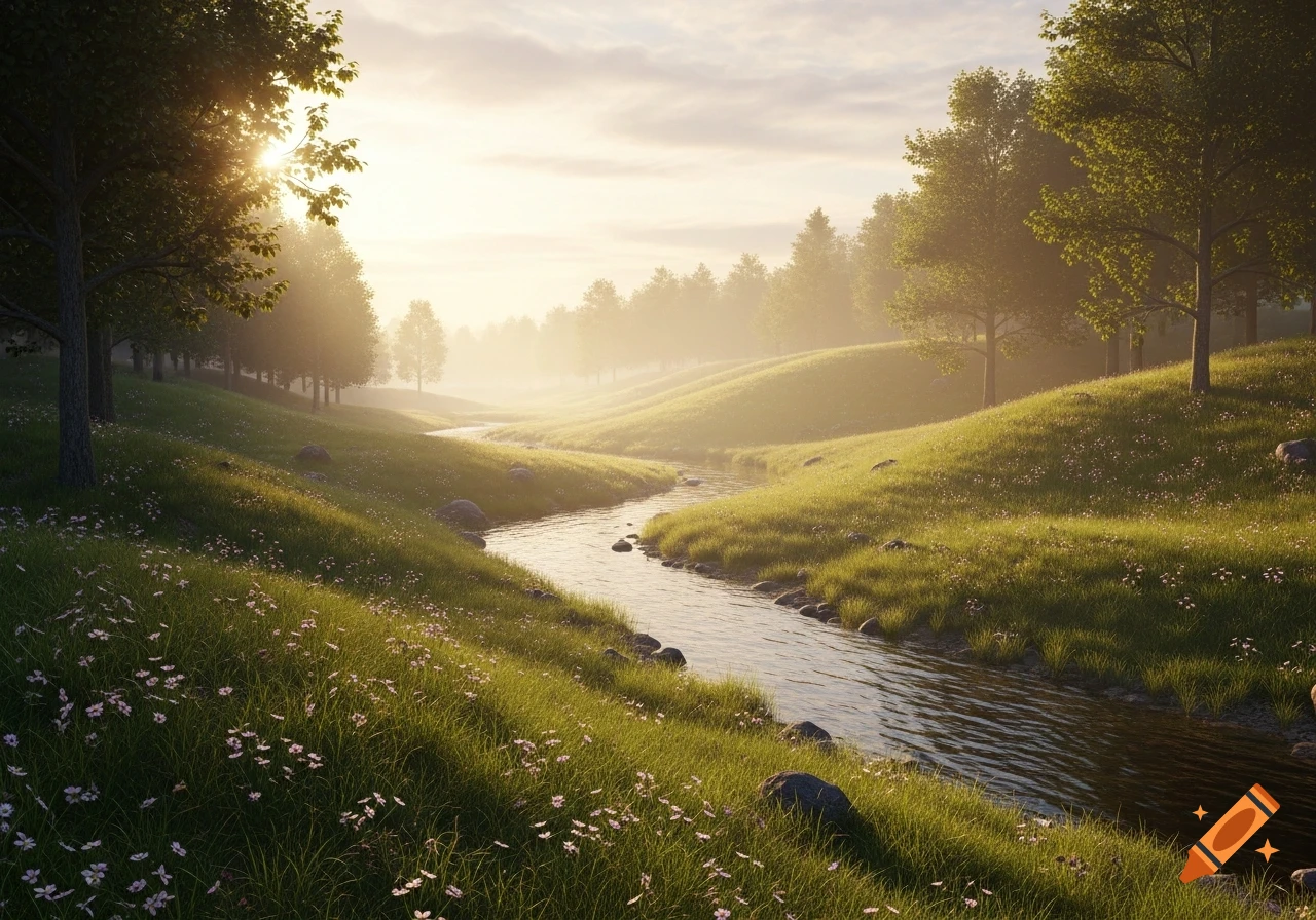 A winding stream flows through a serene, sun-drenched green valley with trees and wildflowers.