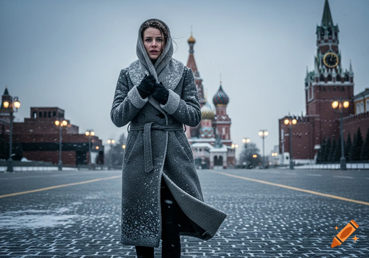 A tense woman in a gray winter coat stands in a snowy Red Square, with St. Basil's Cathedral and Kremlin in the background.