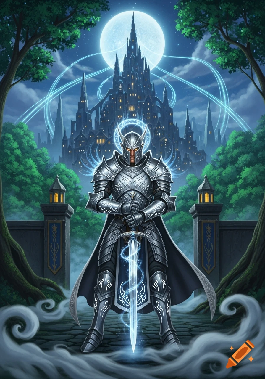 A valiant knight in shining silver armor stands with a glowing sword before a grand fantasy castle under a full moon.