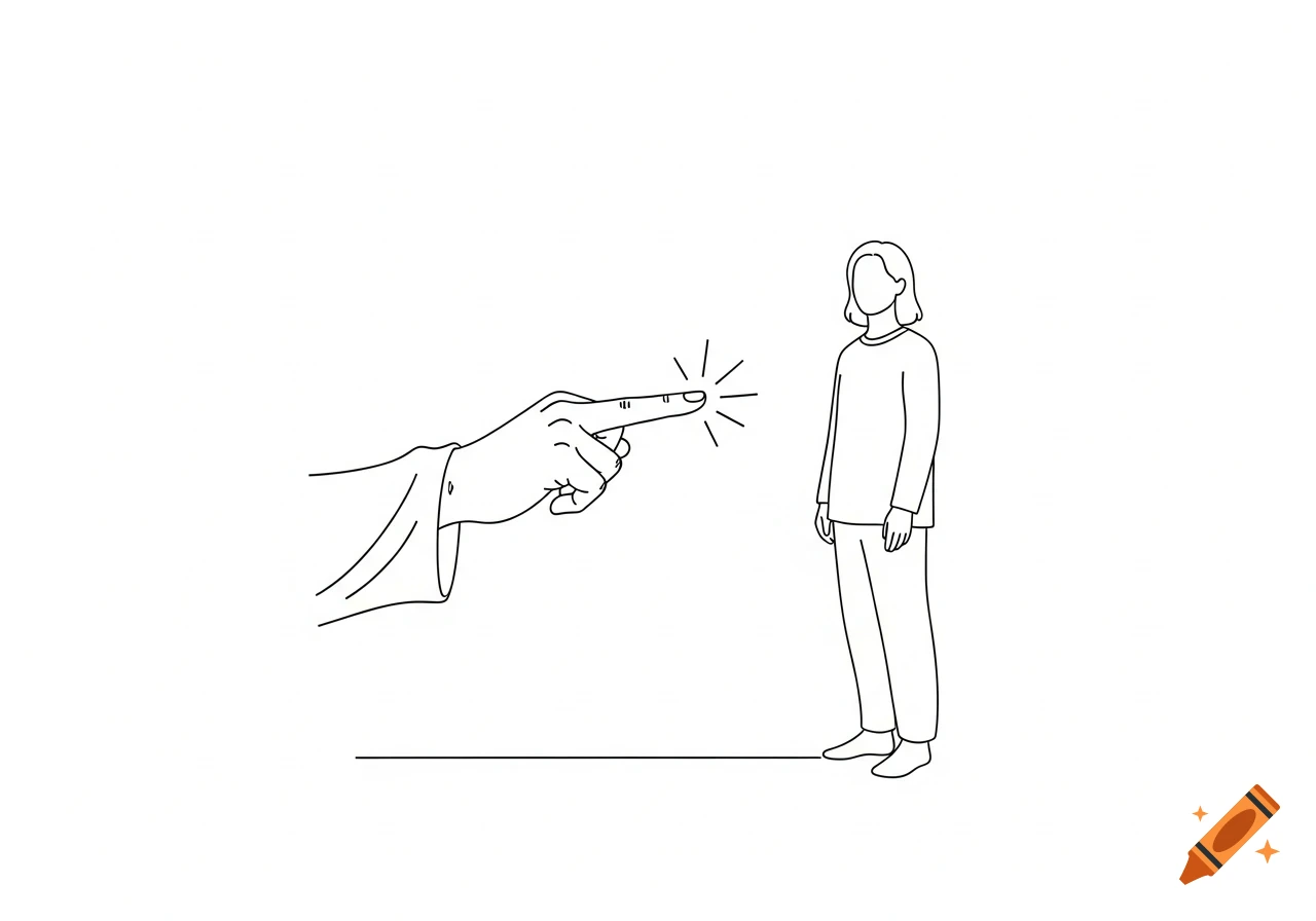 A minimalist line art illustration shows a large hand pointing its index finger with sparkling lines towards a small, faceless person.